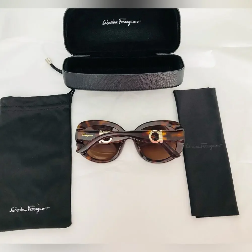 Salvatore Ferragamo Tortoise & Gold Sunglasses Case Dust Bag & Cloth Retail $475